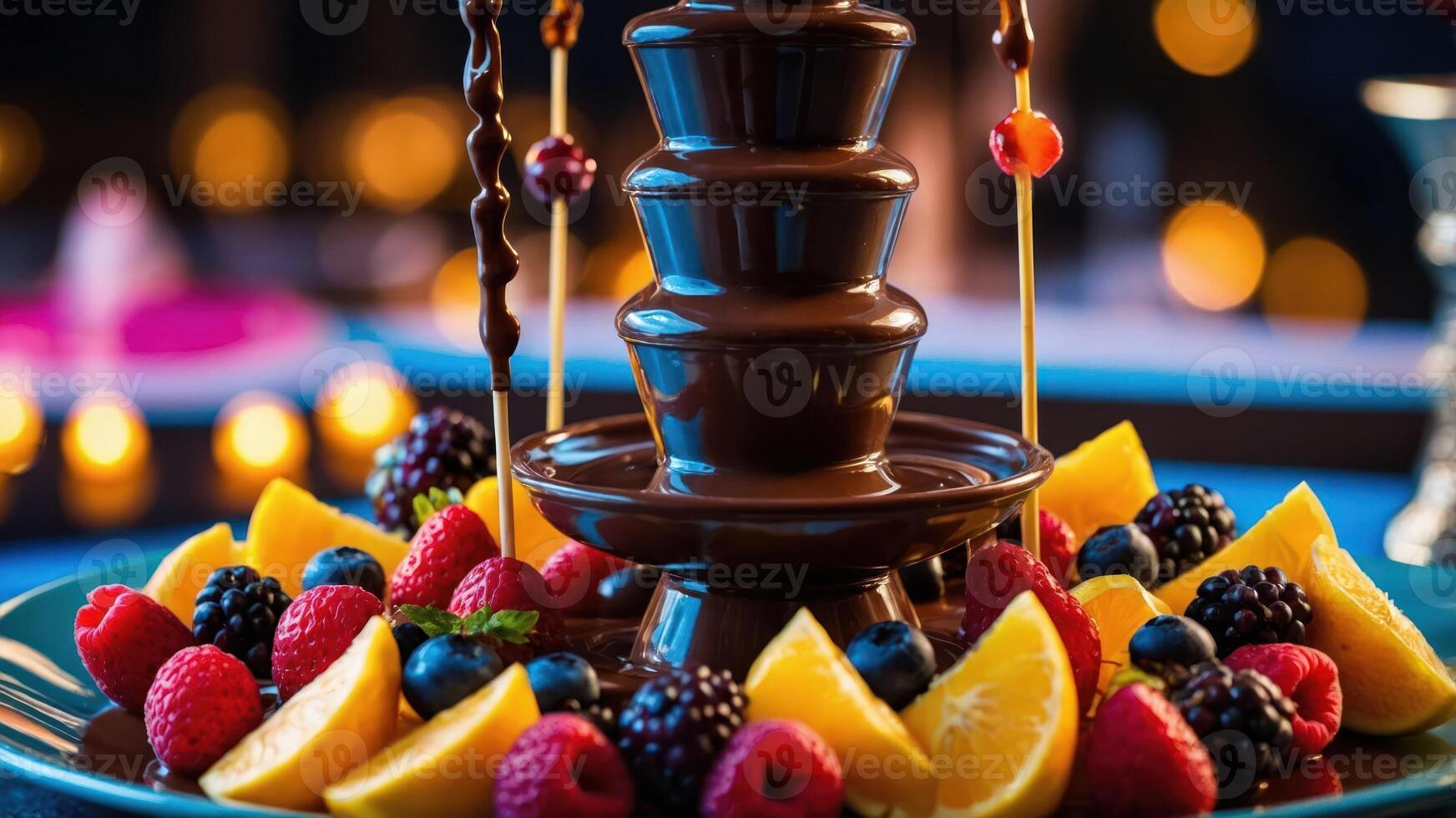 A chocolate fountain surrounded by fresh fruits for a festive dessert display. photo
