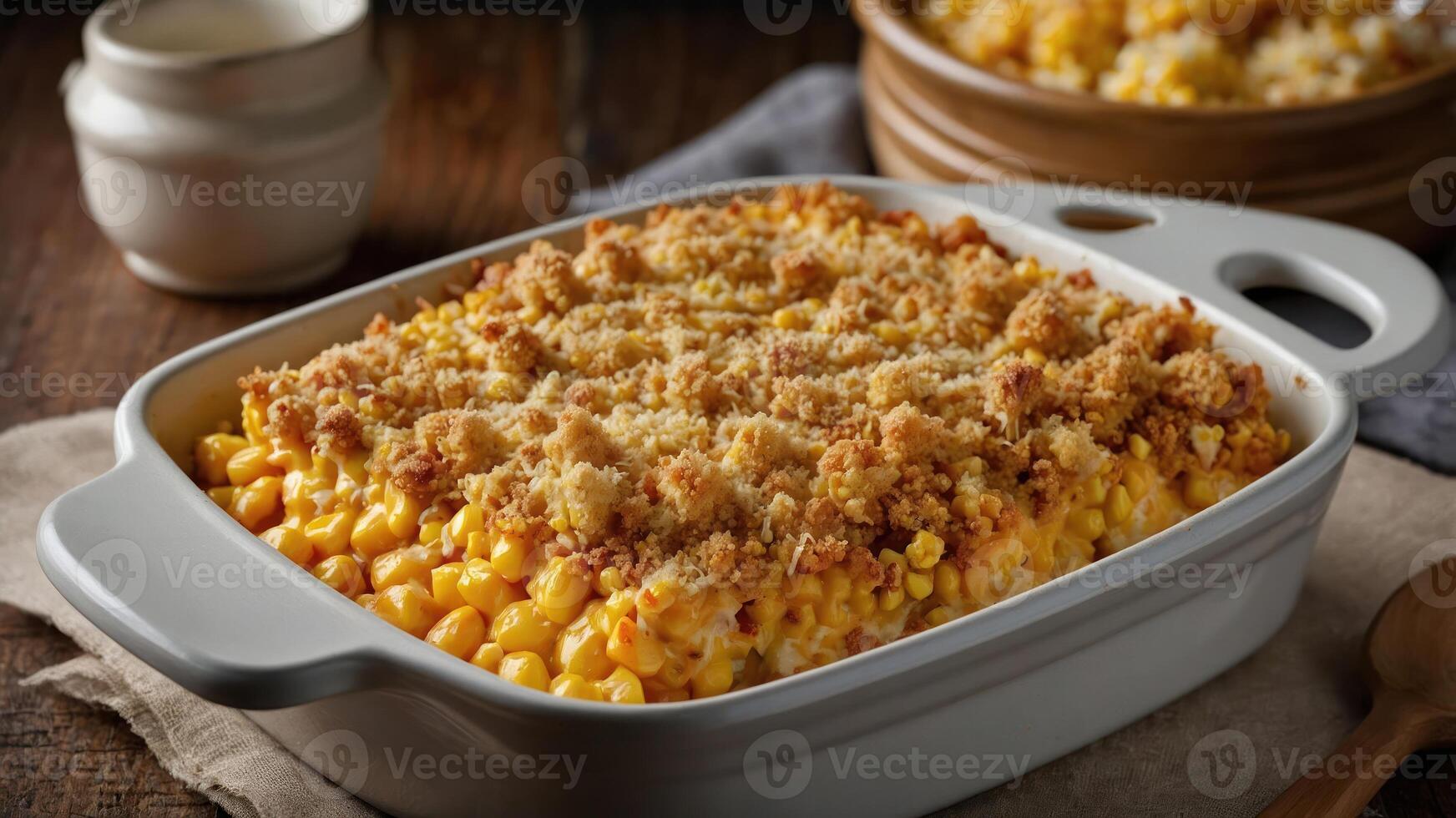 A baked corn casserole topped with a crispy breadcrumb layer, served in a dish. photo