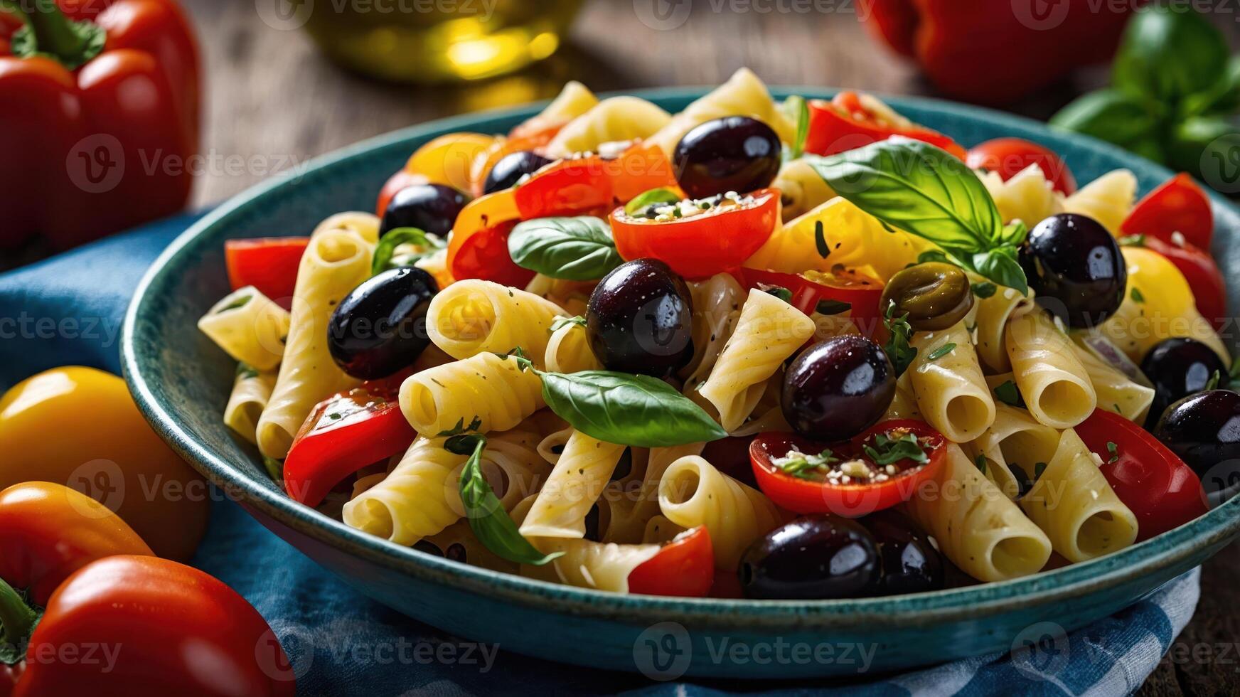 A colorful pasta salad with olives, tomatoes, and basil in a bowl, perfect for a meal. photo