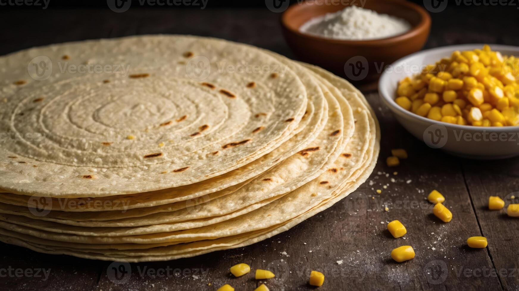 A stack of tortillas with corn and cheese, suggesting preparation for a meal. photo