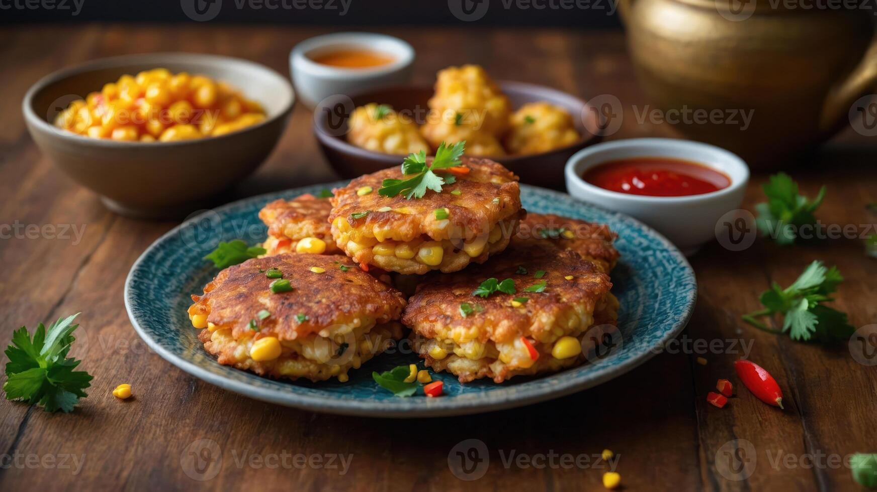 A vibrant plate of corn fritters served with various dips and snacks on a wooden table. photo
