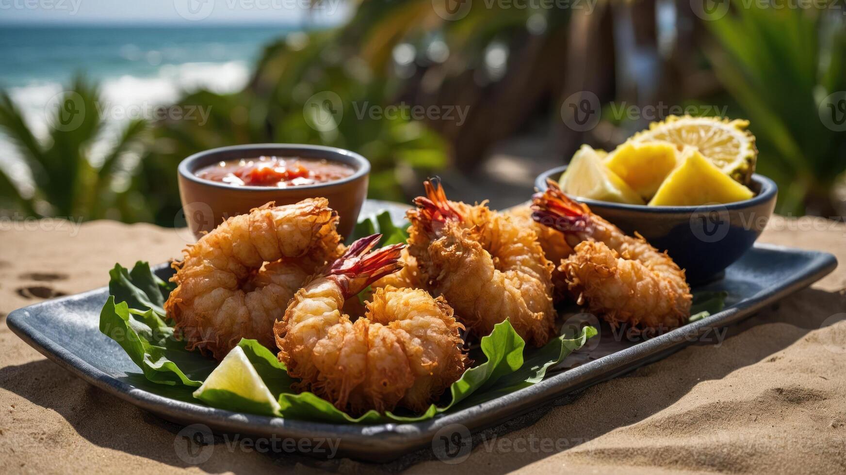 A plate of fried shrimp served with sauce and lemon, set against a beach backdrop. photo