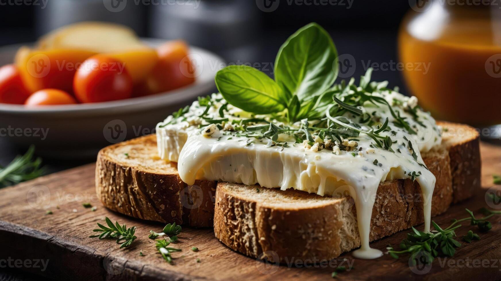 A delicious slice of bread topped with creamy spread and herbs, served with fresh tomatoes. photo