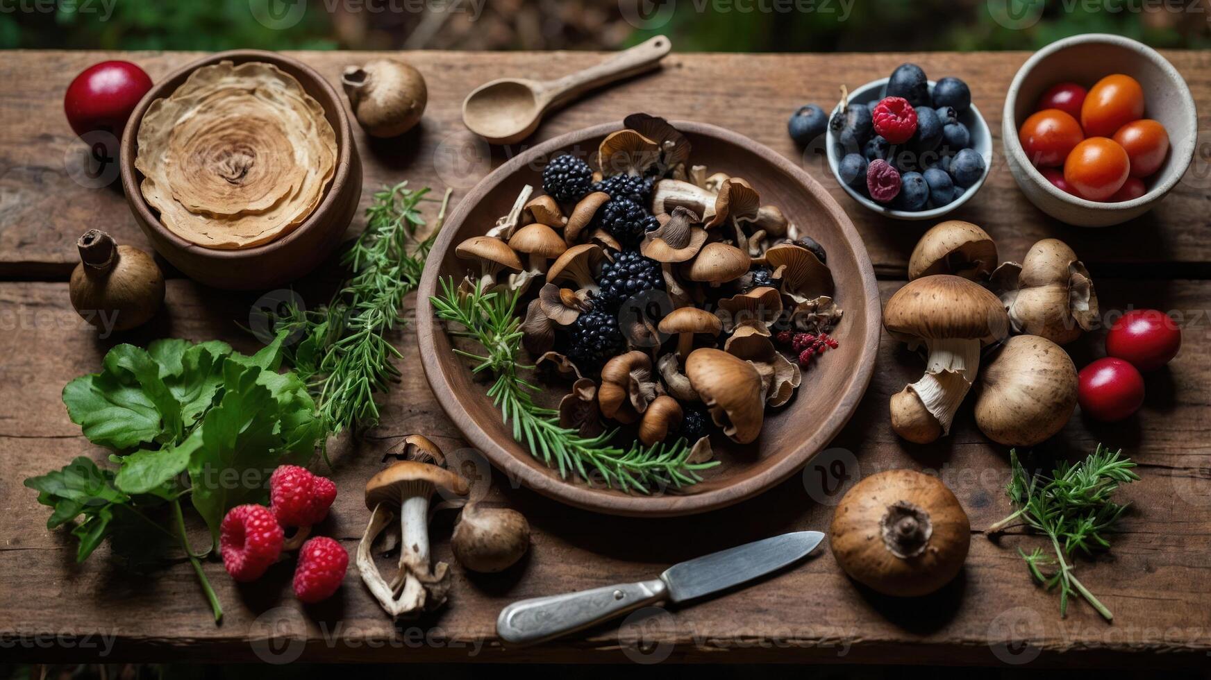A rustic display of assorted mushrooms and berries on a wooden table, highlighting nature's bounty. photo
