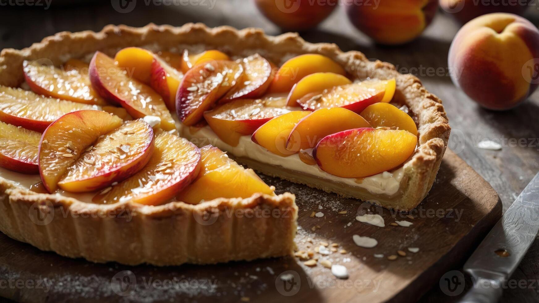 A delicious peach tart with fresh fruit topping on a wooden table. photo