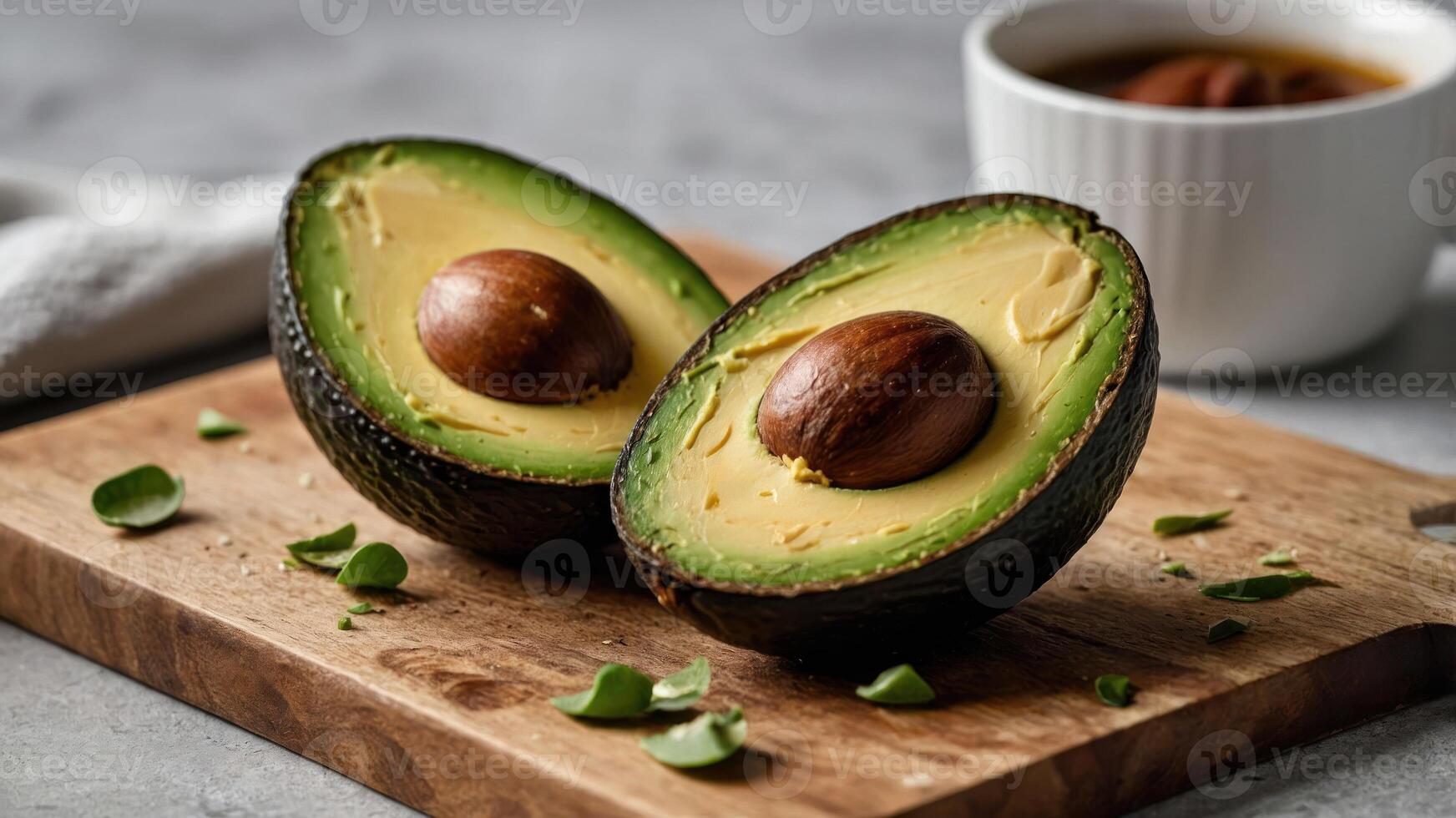 A halved avocado on a wooden cutting board, showcasing its creamy texture and seed. photo