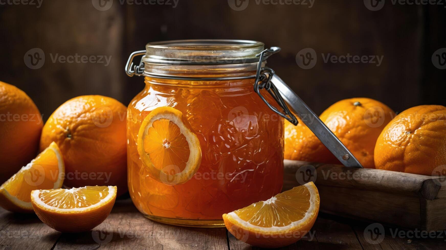 A jar of orange marmalade surrounded by fresh oranges on a rustic wooden surface. photo