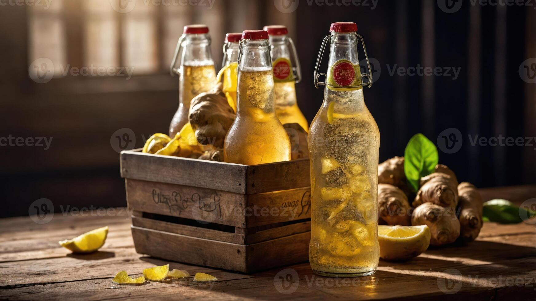 Bottles of sparkling drink with lemon slices in a rustic wooden crate. photo