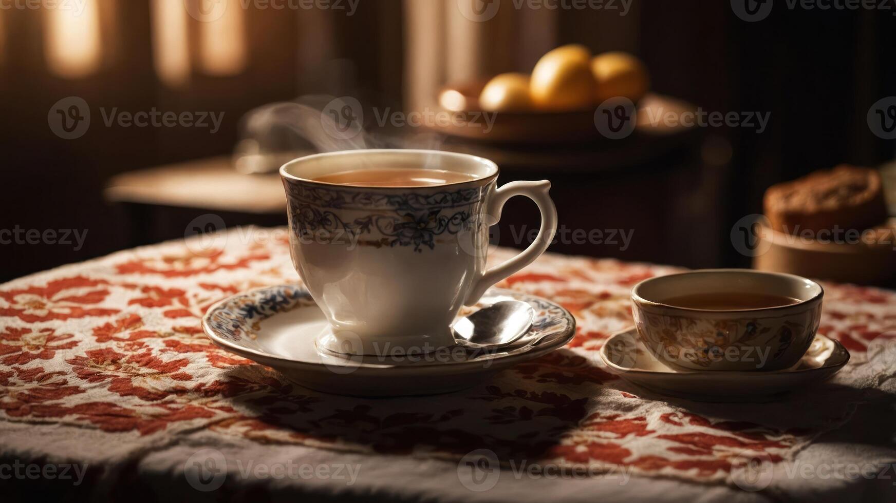 A steaming cup of tea on a decorative table with a small cup and fruits in the background. photo