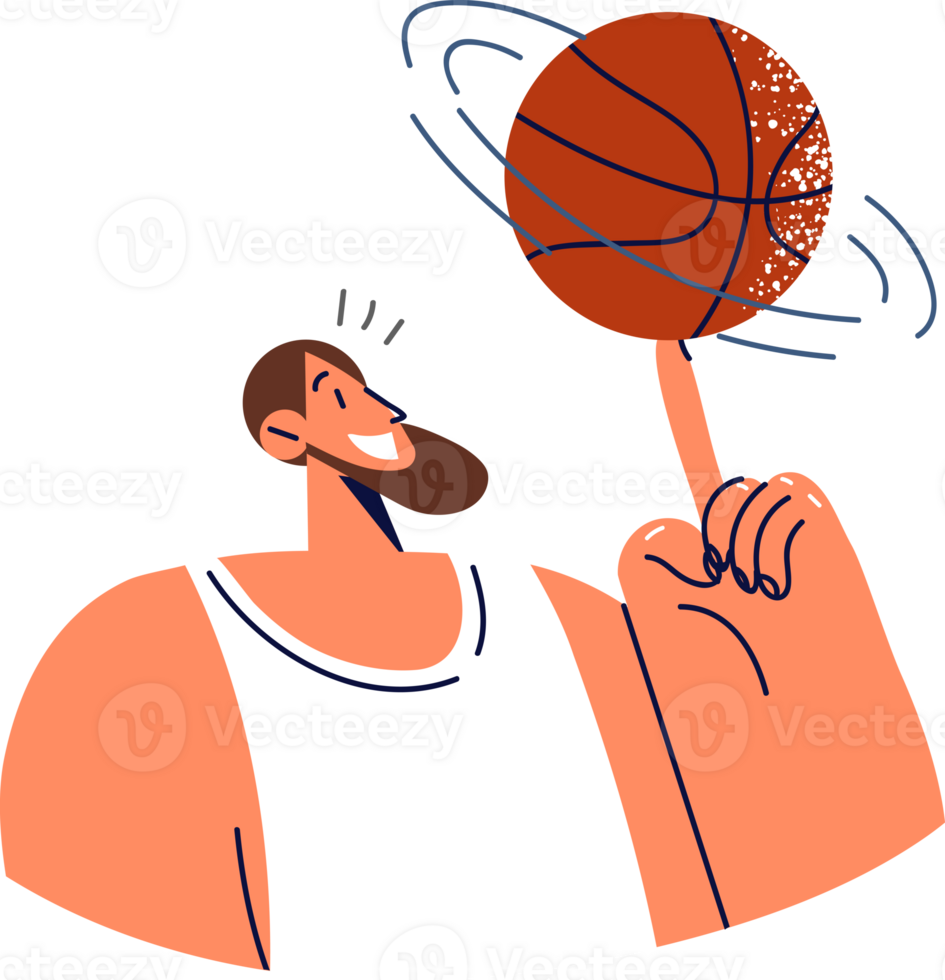 Man professional basketball player spins ball on finger demonstrating professionalism and leadership in team sport game. Guy who plays basketball as hobby does trick with ball and smiles png