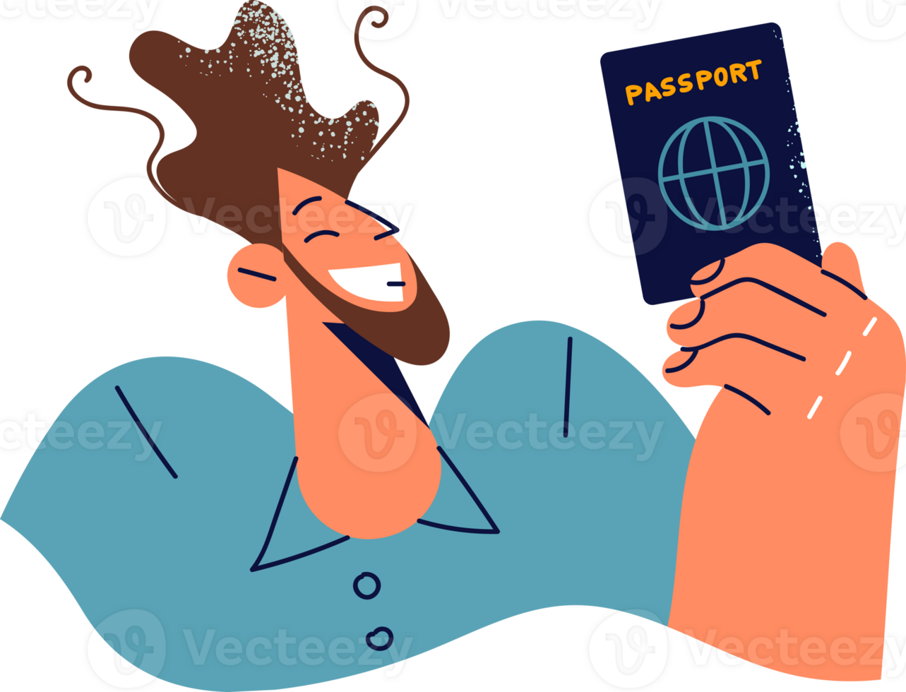 Man demonstrates passport of resident of state, rejoicing in successful immigration and changing country of residence. Happy guy with international passport for visas allowing to travel around world png