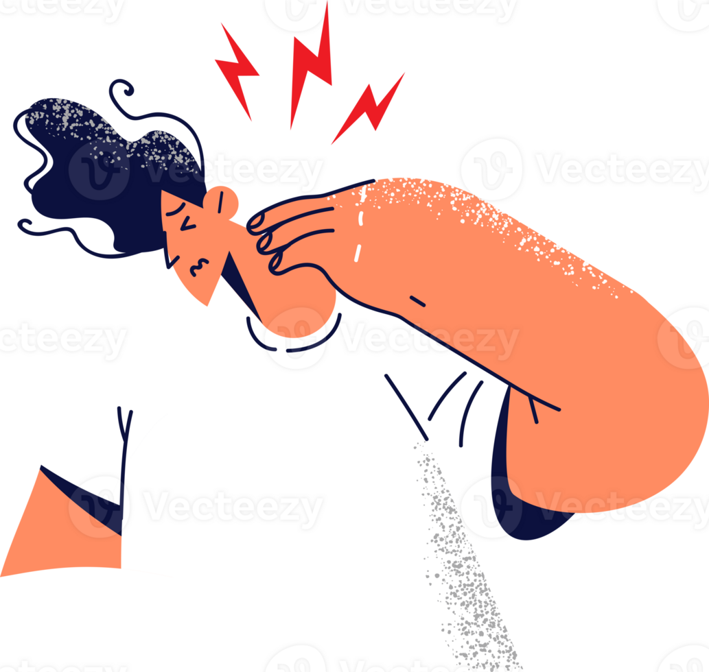 Man suffers from sharp pain in neck after long sedentary job needs trip to osteopath or masseur. Guy is experiencing problems with health of spine leading to pain in neck due to accident and injury png