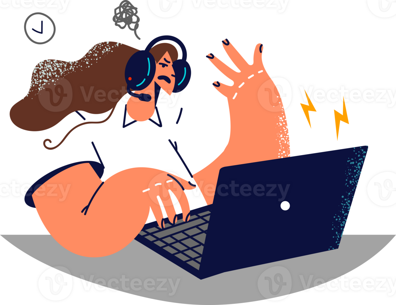 Nervous woman call center specialist sits at table with laptop and uses headset for consultation and support work. Call center agent who calls potential buyer hears aggressive response png
