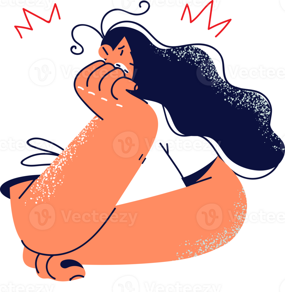 Nervous woman with phobia bites nails after learning about upcoming problems associated with being fired. Girl experiences stress and phobia reading news with crisis or epidemic forecast png