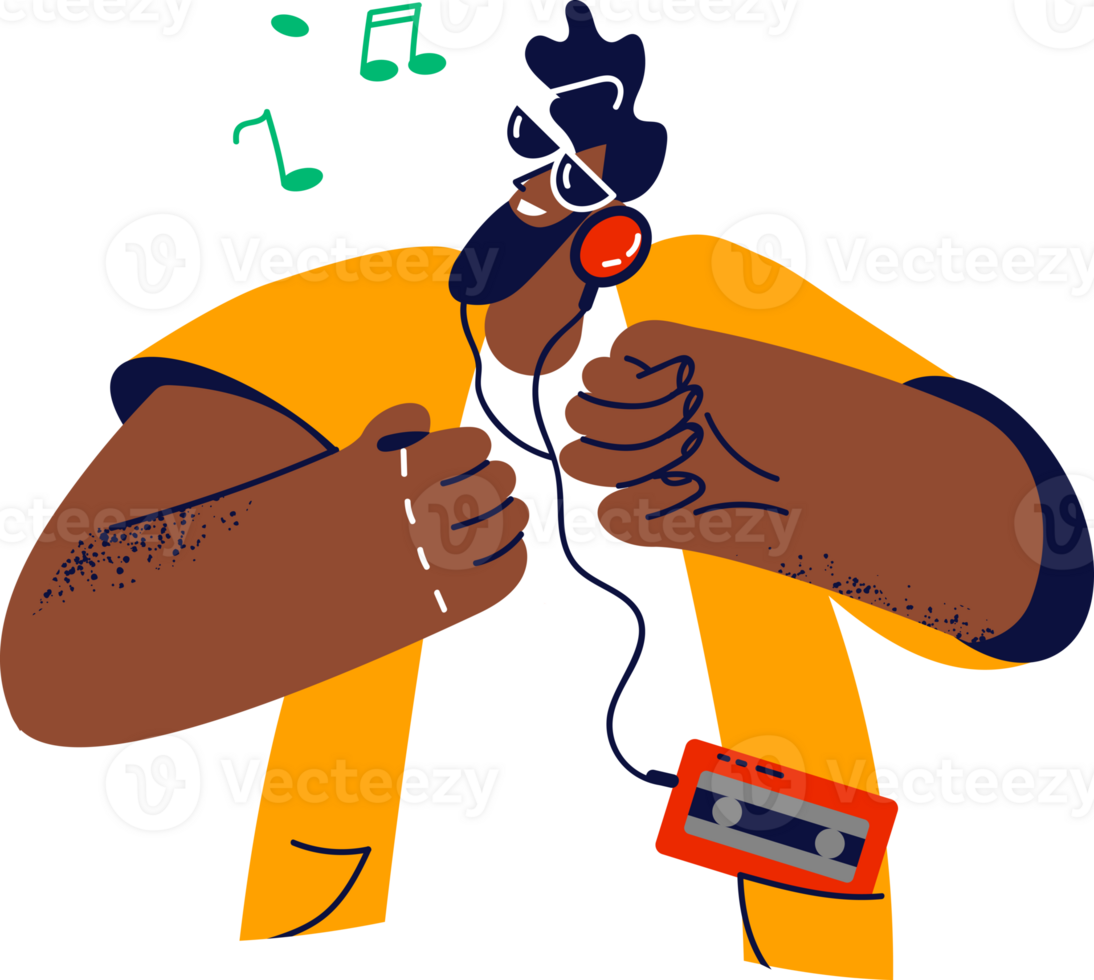 Hipster man with film player and headphones dances to trendy music at 80s style party. African American hipster guy in sunglasses wears retro clothes and uses musical devices from past png