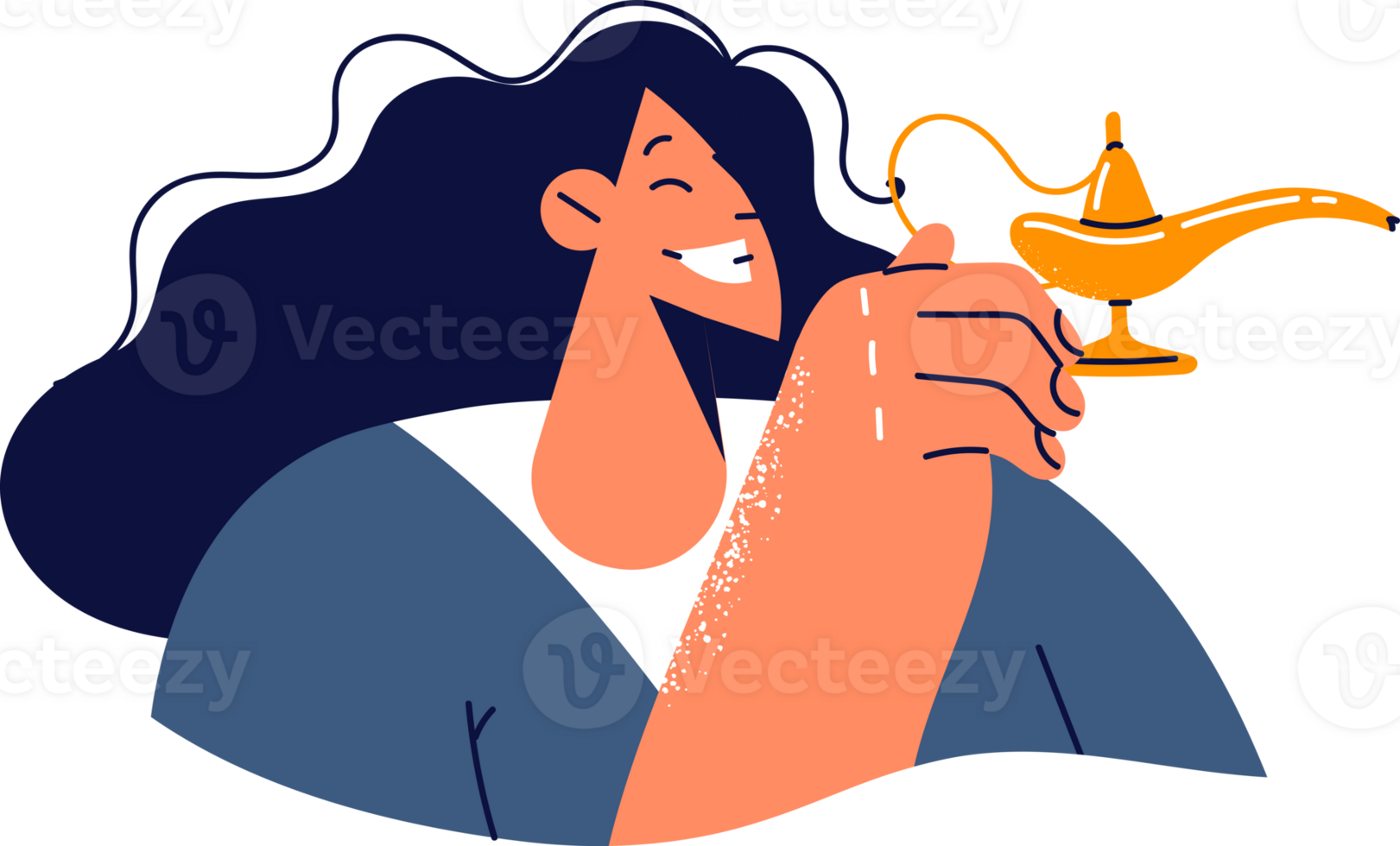 Woman holds aladdin lamp and wants to make wish or summon magical genie from fairy tales to fulfill cherished dreams. Smiling girl with golden jug of aladin symbolizing faith in miracles png