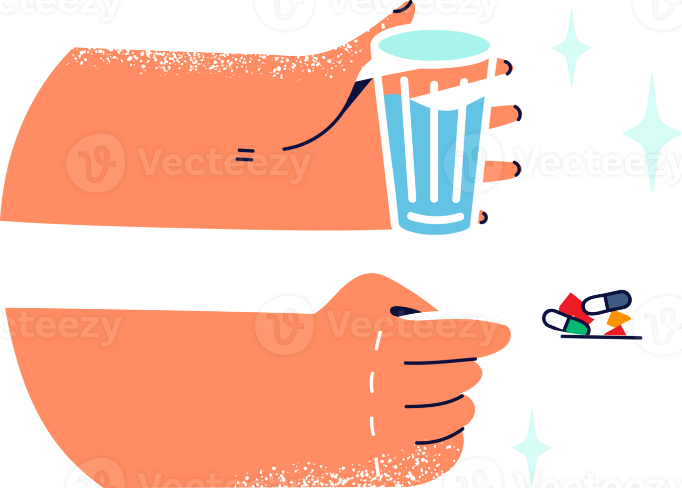 Hands with spoon filled with pills and glass of water for clinic patient during treatment of viral disease or flu. Pills with antibiotics and vitamins to treat diseases and maintain patient immunity png