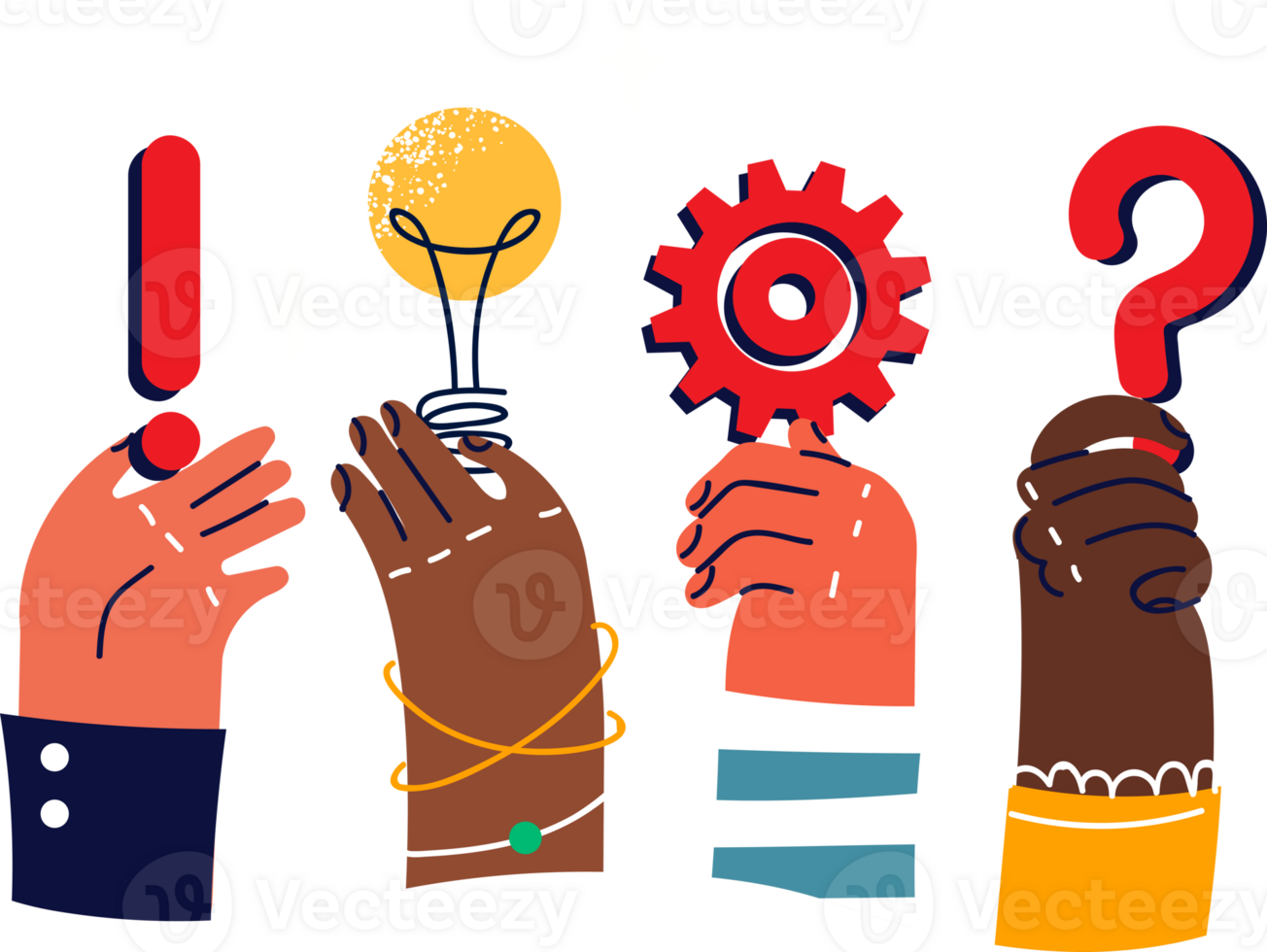 People hands with symbols of looking for ideas to create innovative business or modernize production process. Light bulb and gear brainstorming metaphor for finding idea for progressive production png