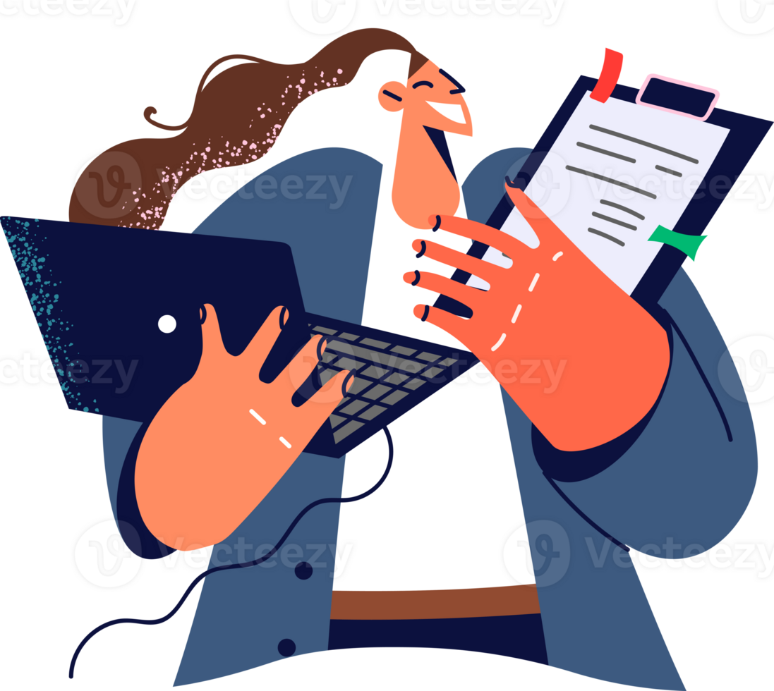 Busy business woman standing with laptop and clipboard and striving for success or multitasking. Professional girl in business clothes works as manager in office and uses portable computer png