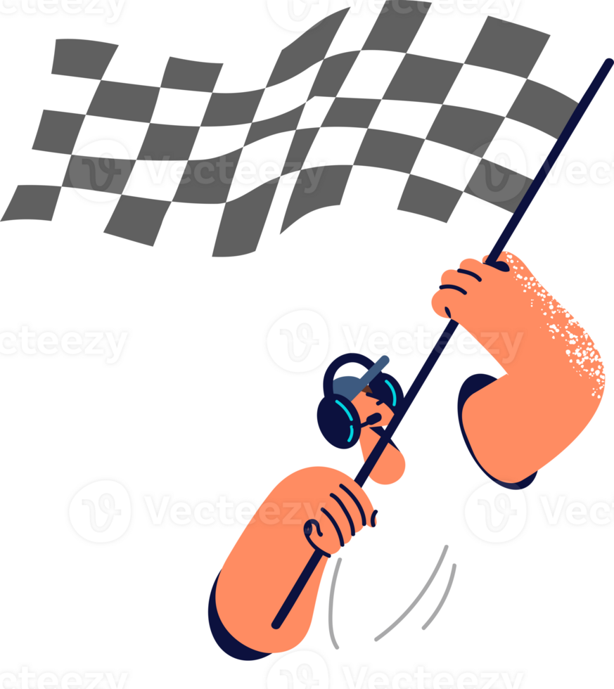 Starting flag in hands of man announcing start of race and giving signal to drivers of high-speed cars. Guy in headset waving race flag for concept of finish line in sports competition png