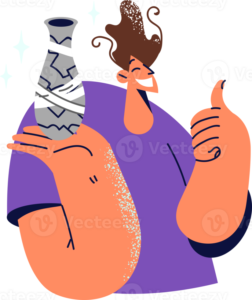Man who fixed broken vase with adhesive tape and restored vessel shows thumbs up and smiles. Guy is trying to pass off broken vase as whole, wanting to sell low-quality or defective goods png