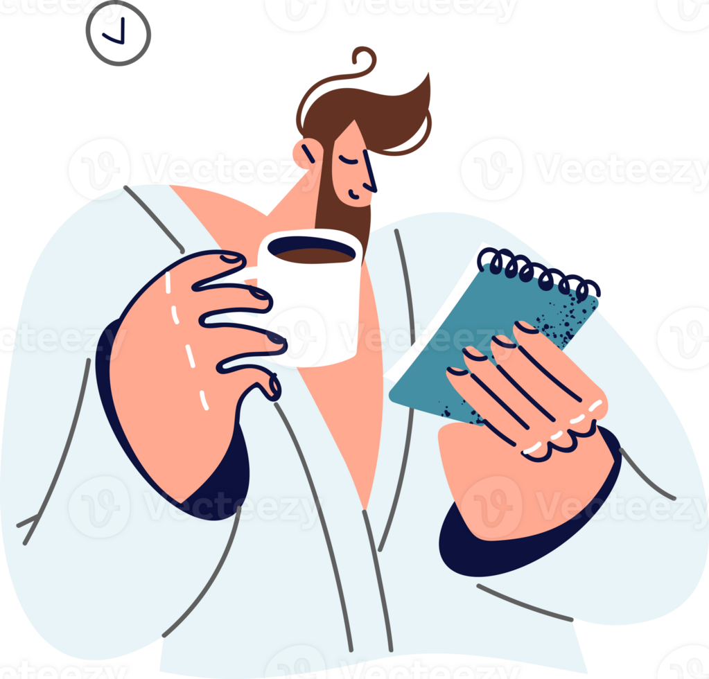 Man in bathrobe drinks coffee instead of breakfast and holds notebook, reading plan with notes and personal thoughts. Successful man with cup of tea enjoying quiet evening after hard day at work png