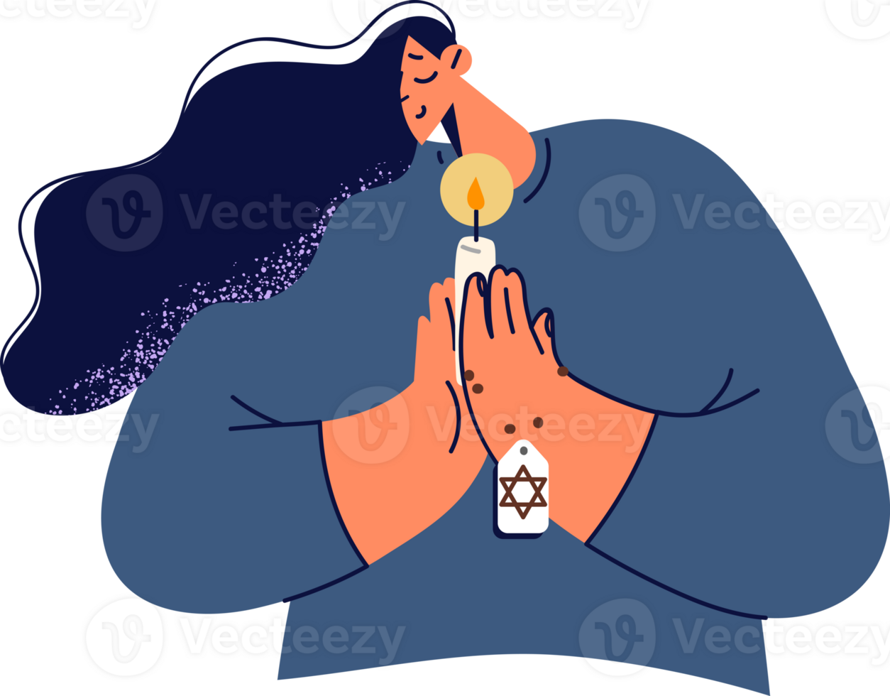 Praying jewish woman holds candle and amulet with star of david, performing religious ritual to appeal to god. Jewish girl praying with palms clasped in front of chest and eyes closed png