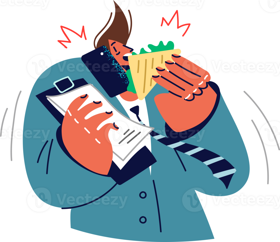 Busy business man eating and talking on phone at same time, working in multitasking mode. Guy in business suit suffers from overwork and lack of time for full meal due to strict deadlines. png
