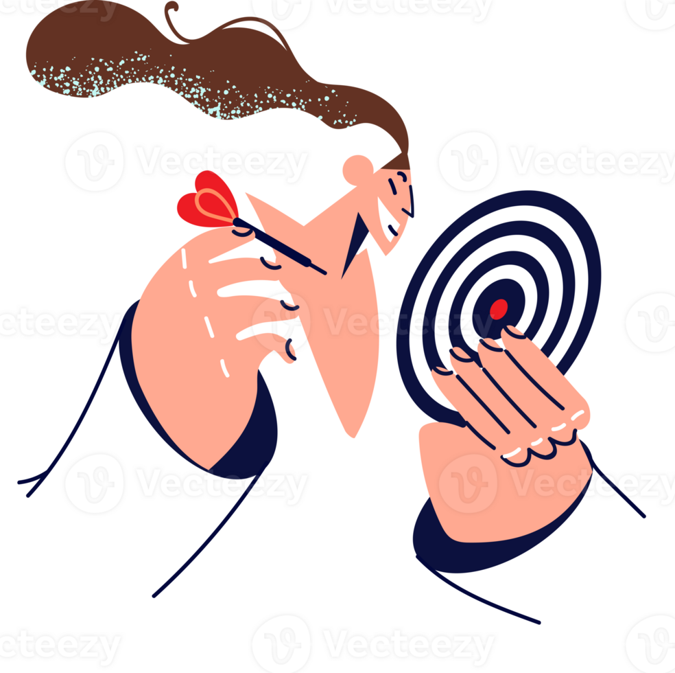 Woman with target and dagger wants to achieve goal in business or personal life. Concept being ambitious and striving to achieve challenging goals in career or building own successful company png