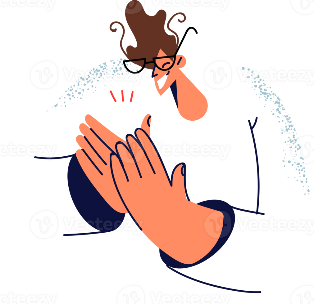 Man claps and applauds to support successful colleagues for outstanding business achievements. Man with sly smile rubs hands with mean intentions and wanting to commit immoral act. png