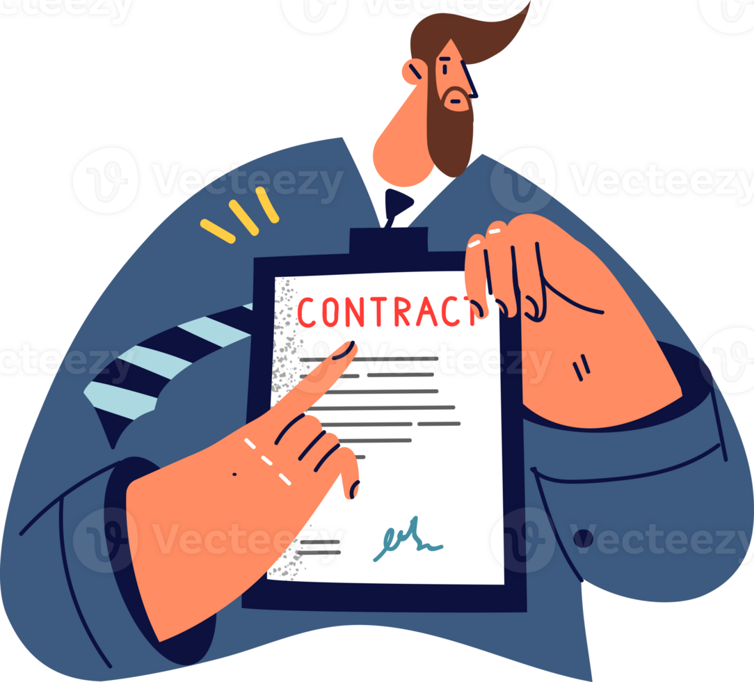 Businessman holds contract urging employees or partners to comply with terms of agreements. Man in business suit demonstrates contract that needs signature to start working together png