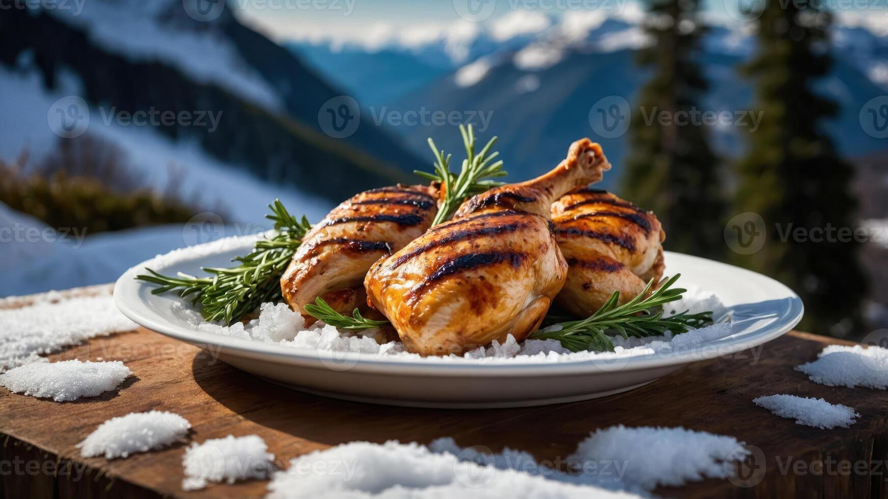 Grilled chicken served on a snowy mountain backdrop, highlighting outdoor dining. photo
