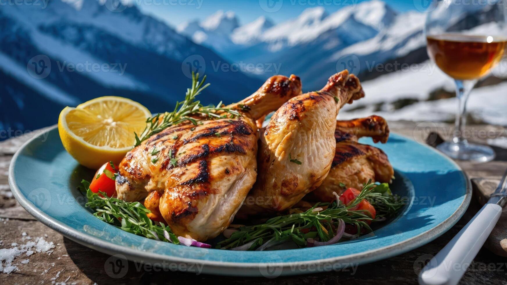 Grilled chicken served with lemon and herbs against a stunning mountain backdrop. photo