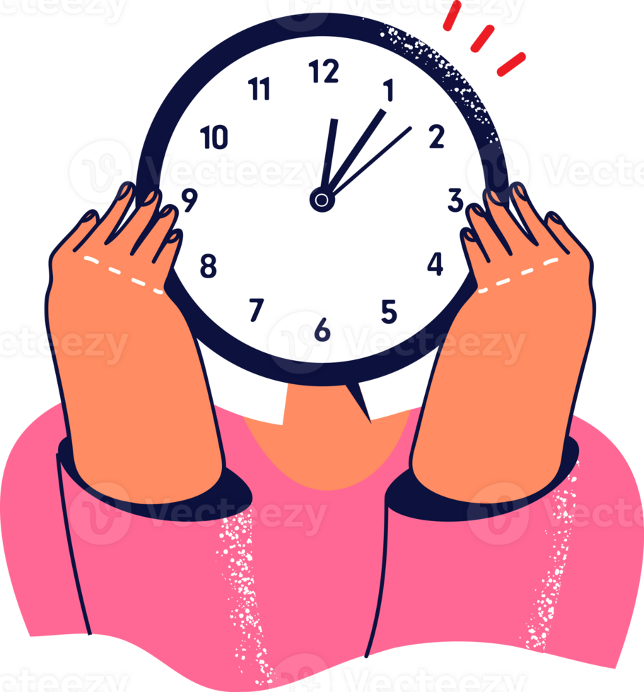 Woman hides face behind watch to show tiredness from regular overwork and overload due to strict deadlines. Concept time management at work to avoid overwork and optimize business processes png