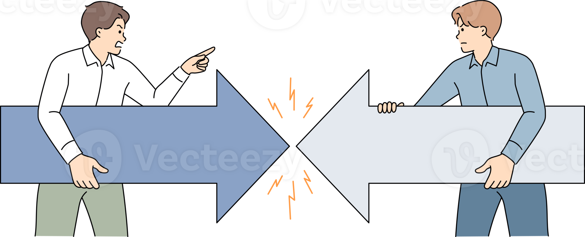 Confrontation business people arguing about company strategy and holding arrows pointing in different directions. Confrontation of office clerks experiencing aggression due to lack of command in team png
