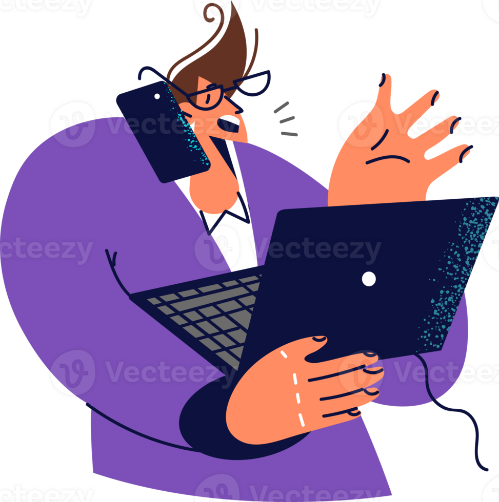 Busy man is talking on phone with client and holding laptop working as sales manager in large corporation. Manager guy is overworked due to lack of qualified staff and needs assistant png