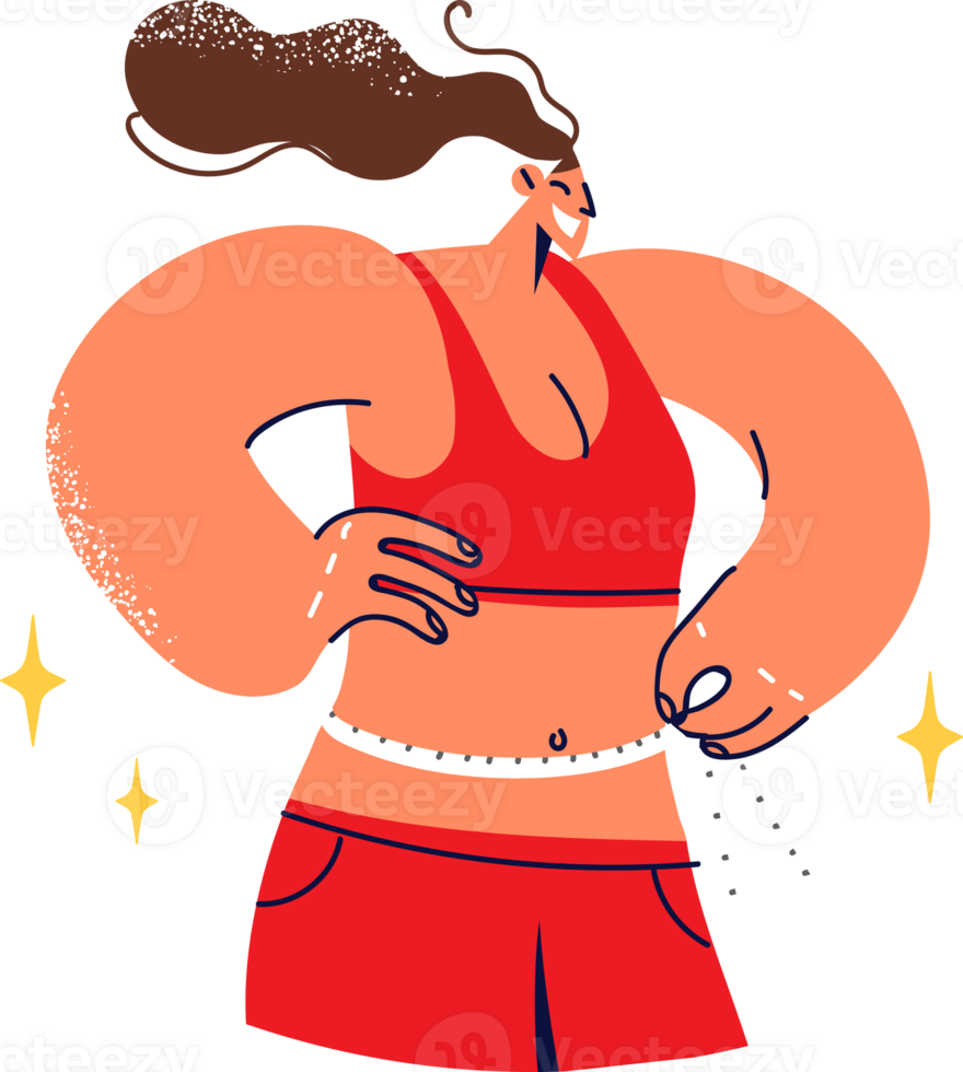 Athletic woman meter waist with measuring tape after visiting fitness club or following strict diet. Slender girl leads healthy lifestyle, monitors size of waist and figure using measuring tape png