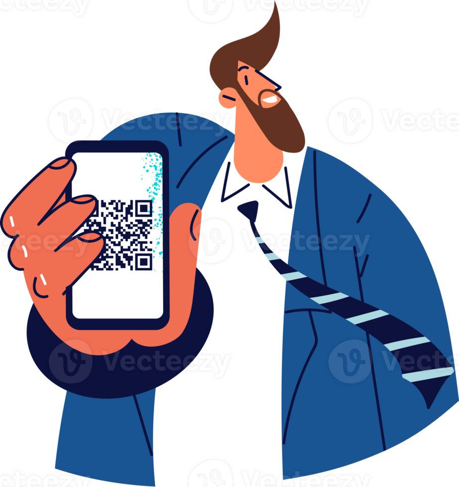 Man with mobile phone shows QR code to scan and gain access to event or quick cashless payment for purchase. Guy in business suit recommends downloading application for QR verification via phone png