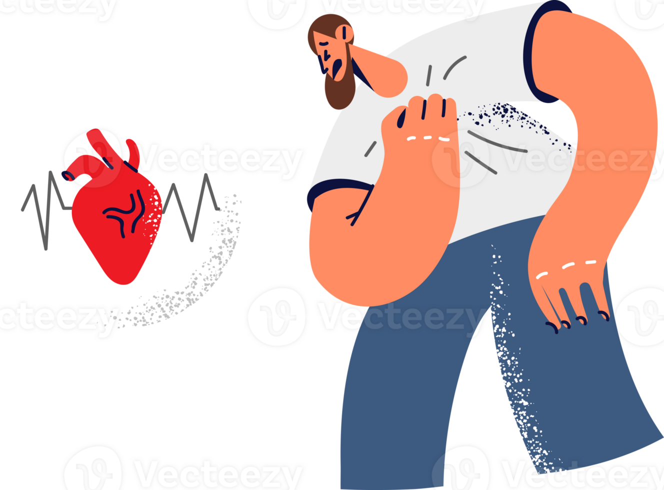 Tired man grabbing heart due to severe shortness of breath after long walk or exercise. Sick guy with symptoms of heart disease puts hand to chest and grimaces in pain needs trip to cardiologist png