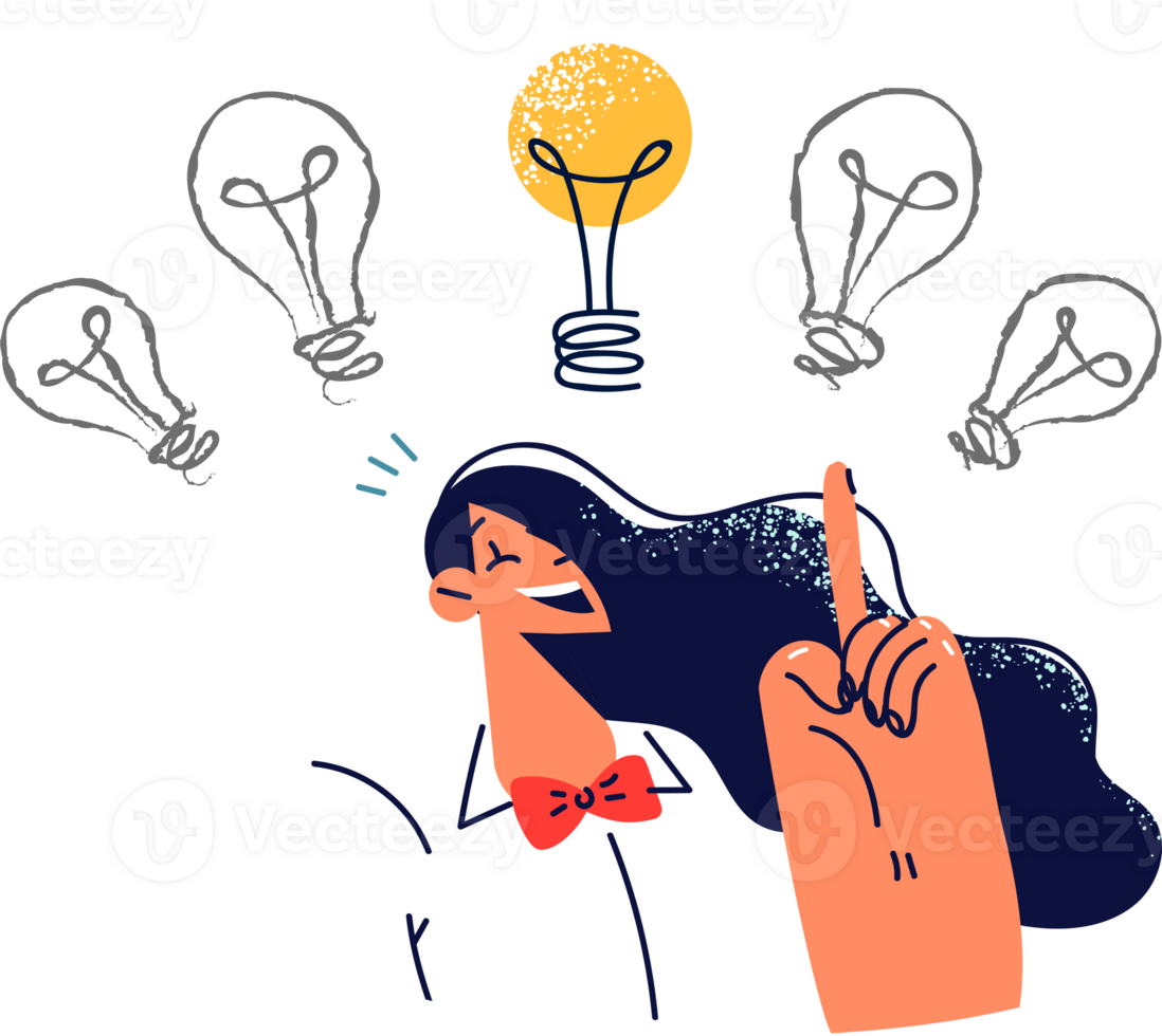 Businesswoman who came up with idea points up at burning light bulb and smiles after completing brainstorming session. Woman came up with idea to increase sales or way to attract new customers png