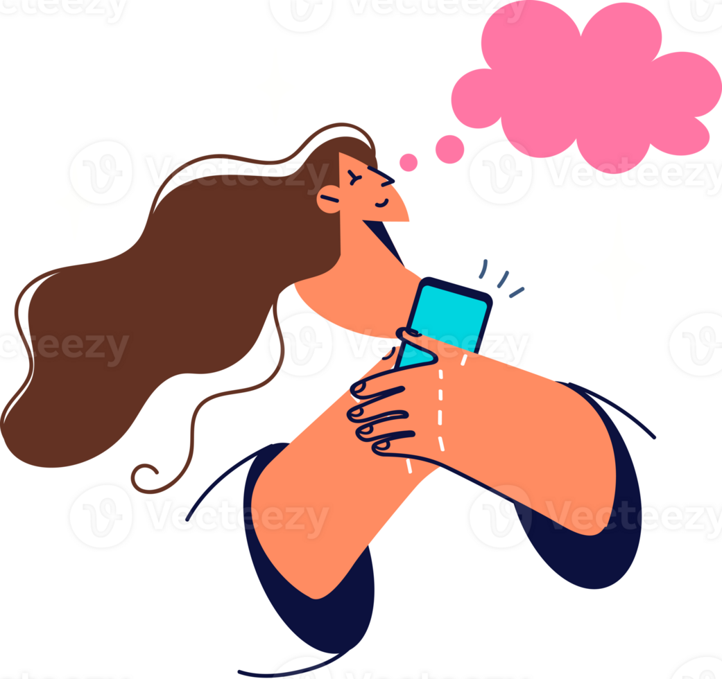 Woman presses phone to chest and dreams of imminent call from boyfriend who has gone on long vacation or on business trip. Girl with phone listening to voice message near dialog cloud png
