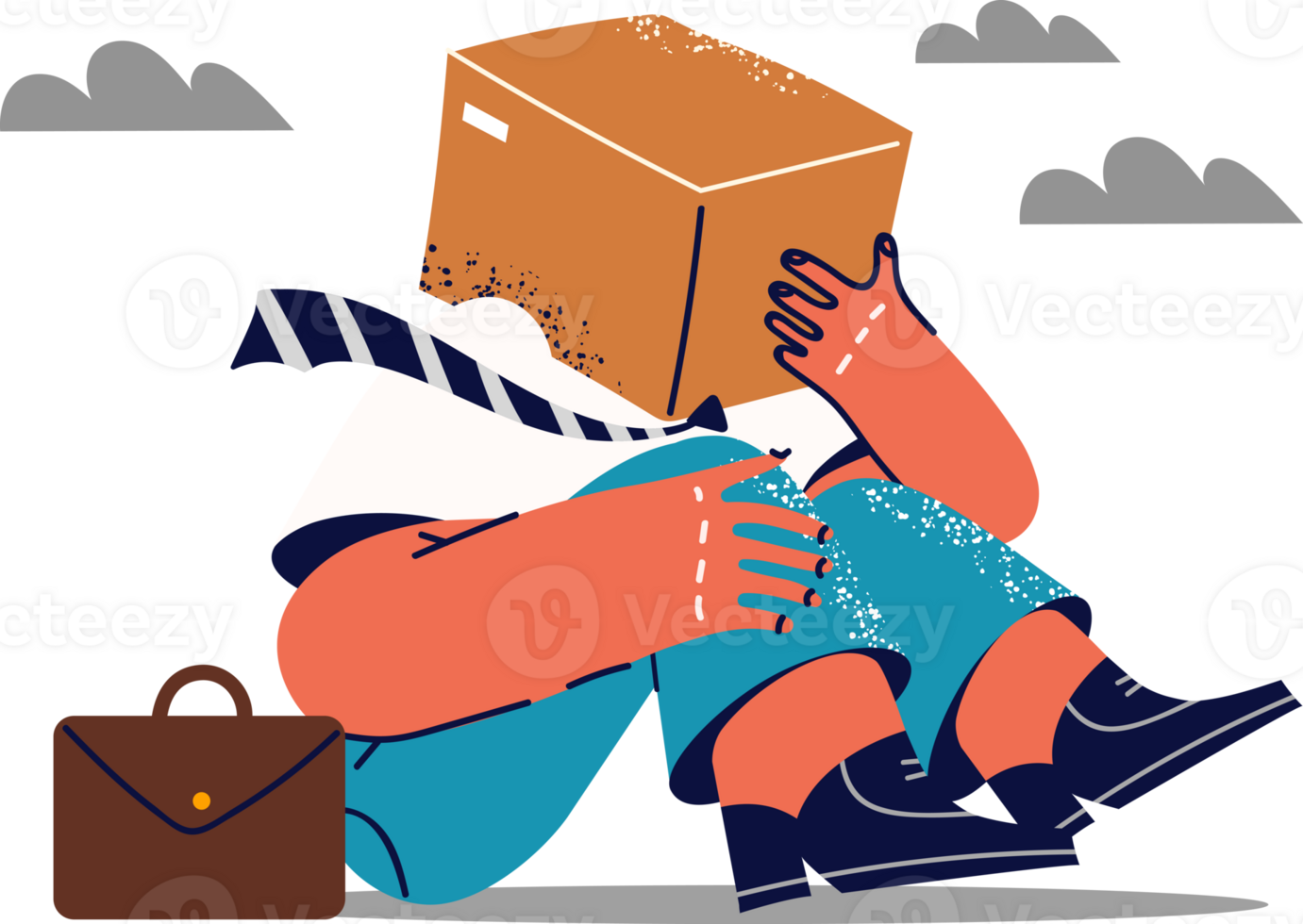 Fallen man with cardboard box on head for concept of disorientation and lack of strategy for company. Man in business clothes sits on ground hiding face behind box and delivery service png