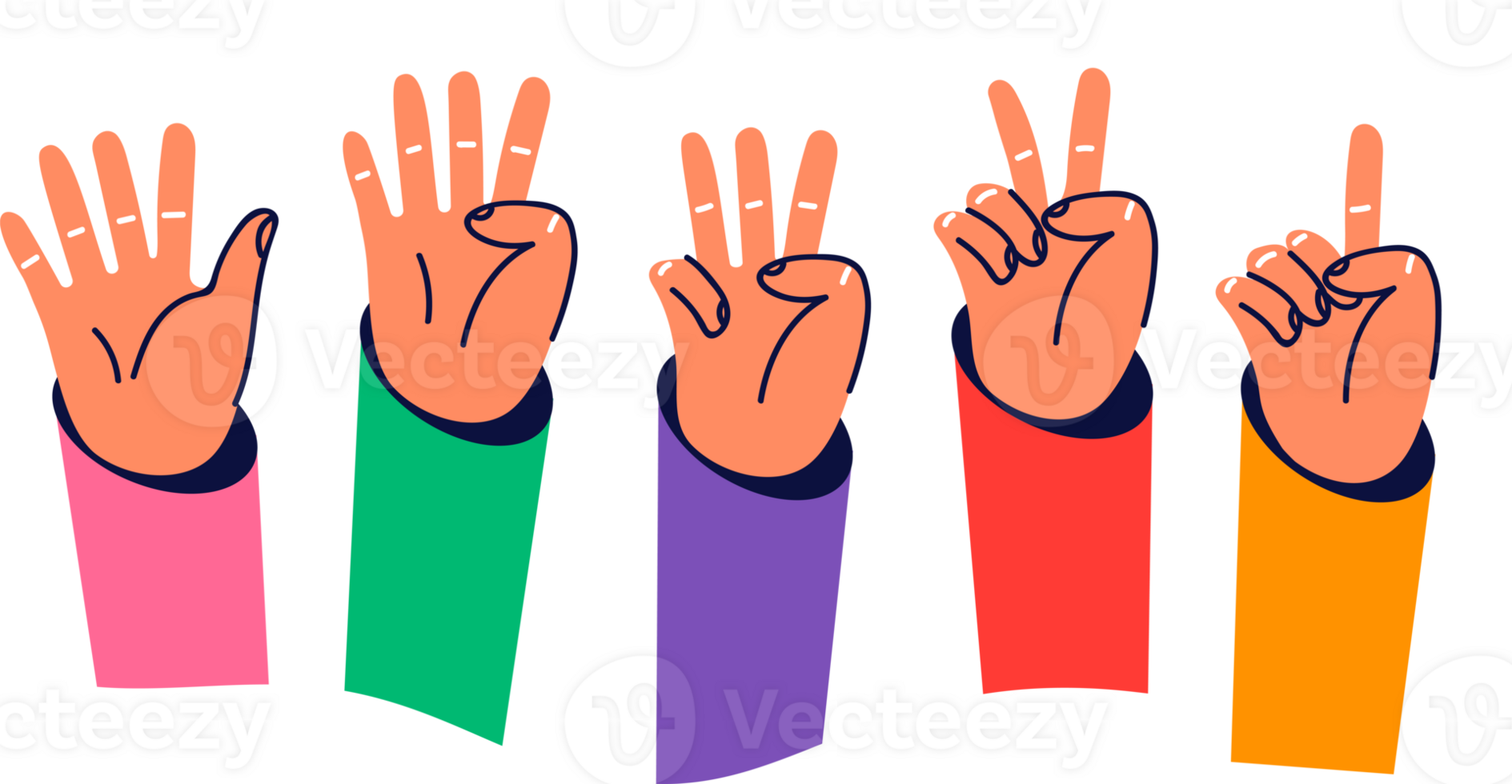 Hands with different number of bent fingers starting from one to five for teaching mathematics at school or in kindergarten. Concept of using hands to train kids to count on fingers png