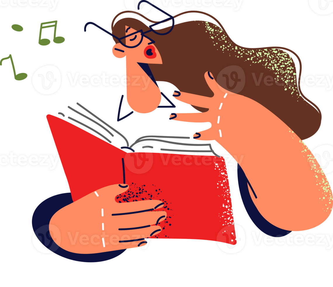 Woman vocalist holds book with notes and sings exercising vocal cords before participating in opera house concert. Girl wants to become singer and attends vocal lessons to learn sing png