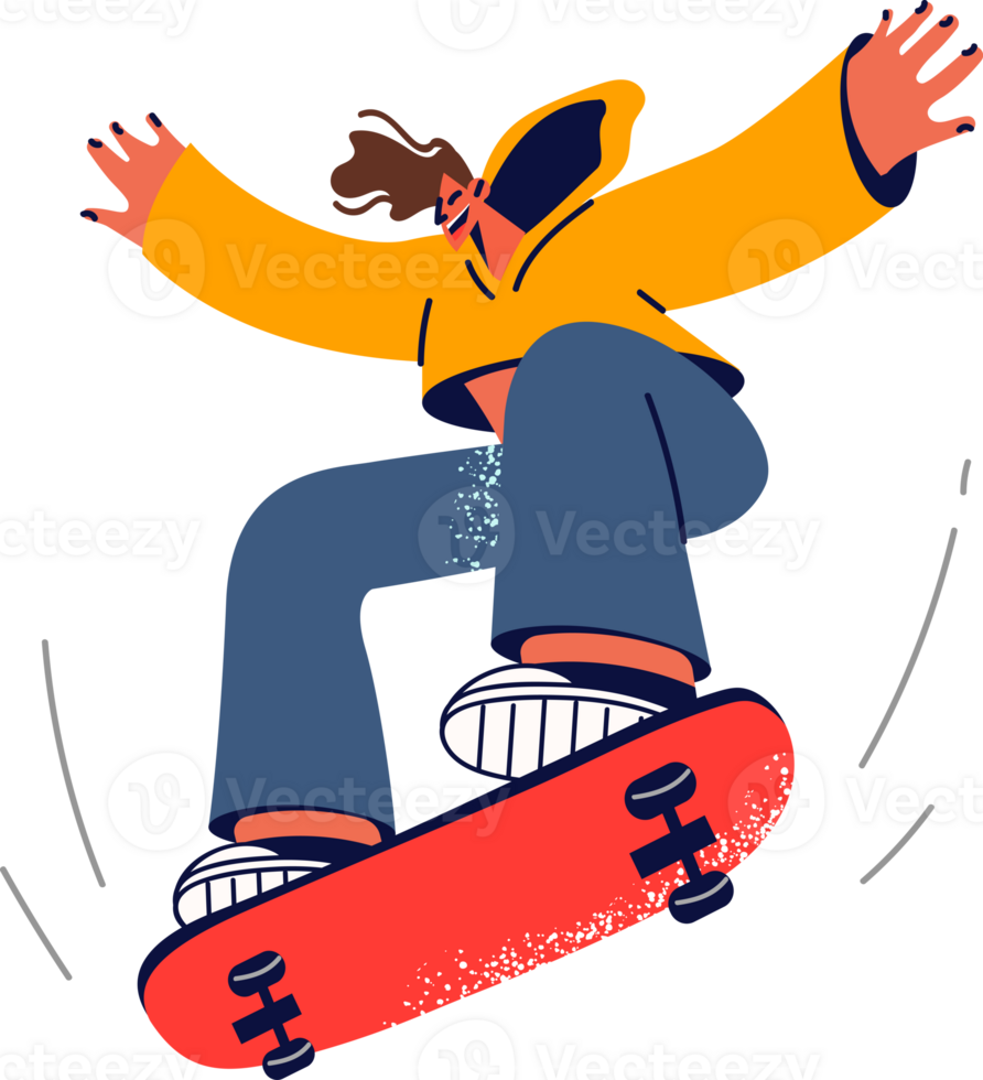 Man with skateboard jumps up doing trick on sports ground, enjoys adrenaline rush from riding board. Energetic guy with skateboard, for concept of active lifestyle and hobby for teenagers png