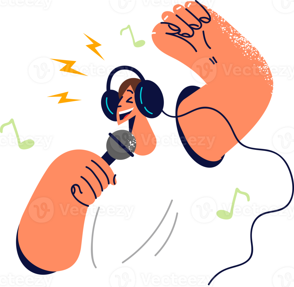 Positive man in headphones holding microphone enjoying singing in karaoke club while relaxing on weekend. Professional singer sings track in karaoke club or recording studio for new solo album png