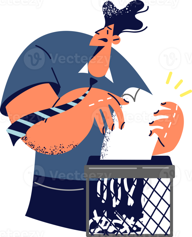 Businessman uses shredder to shred documents and looks away in fear hiding results secret report. Man office worker stands near shredder getting rid of evidence pointing to mistake that caused losses. png