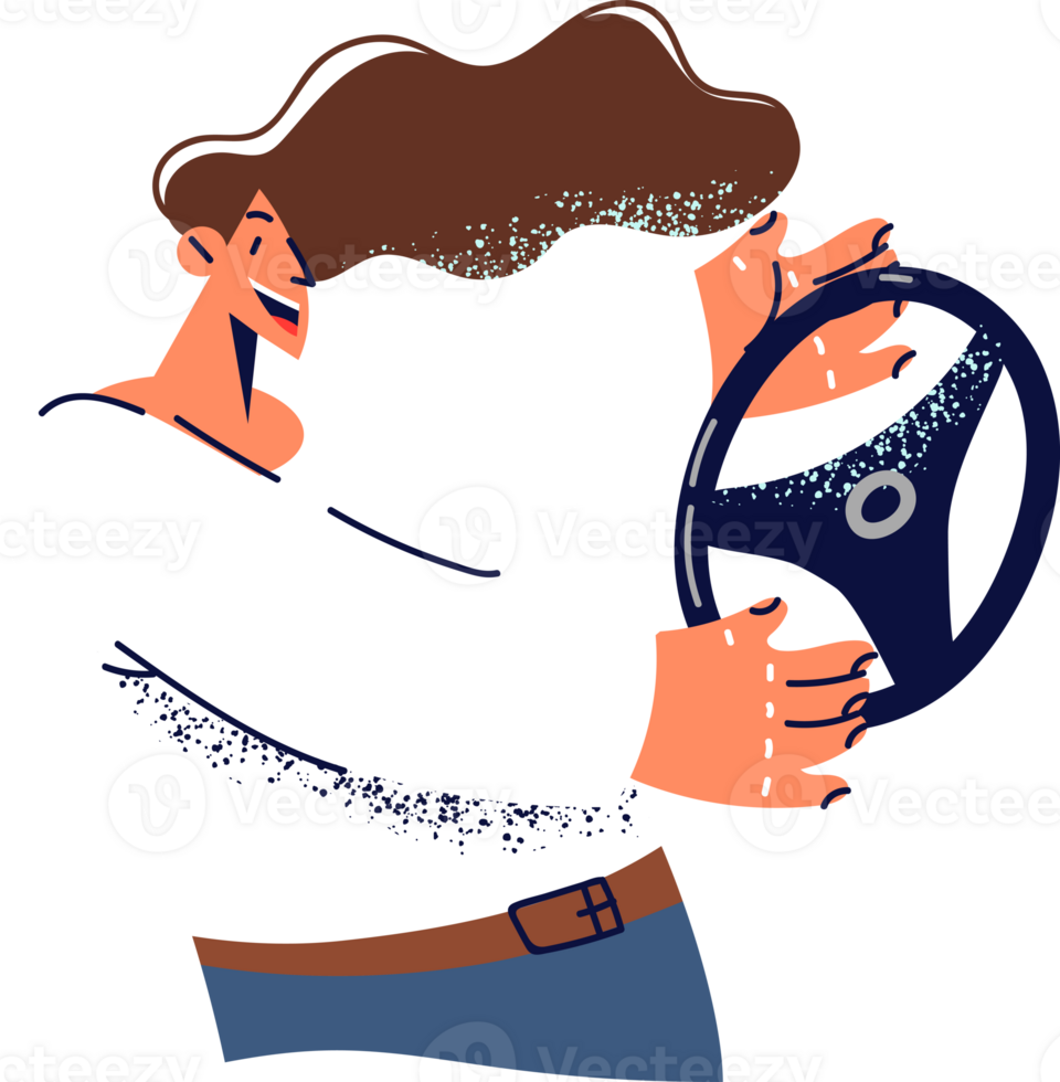 Woman with wheel drives invisible car for concept taking driving courses and lessons for license. Girl dreams buying own automobile or getting driving license and visualizes plans to achieve goals. png