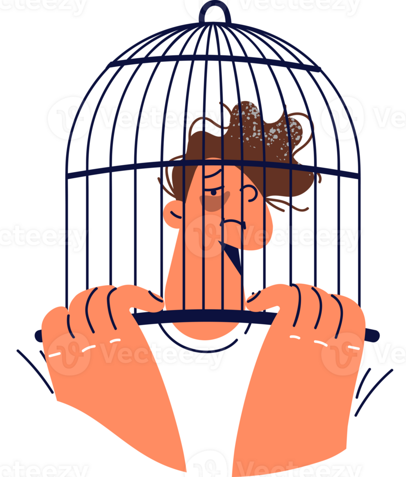 Boy teenager victim of bullying with bruises on face put birdcage on head for concept combating child cruelty. Guy is experiencing psychological problems due to bullying from classmates or friends png