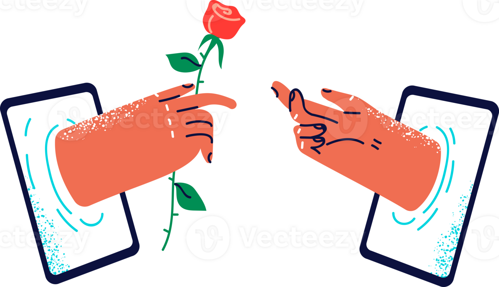 Hand with rose in tablet display metaphor for digital gift and romantic messaging via internet app. Concept of chatting on sites for dating and sending gift in cyberspace or internet flirting png